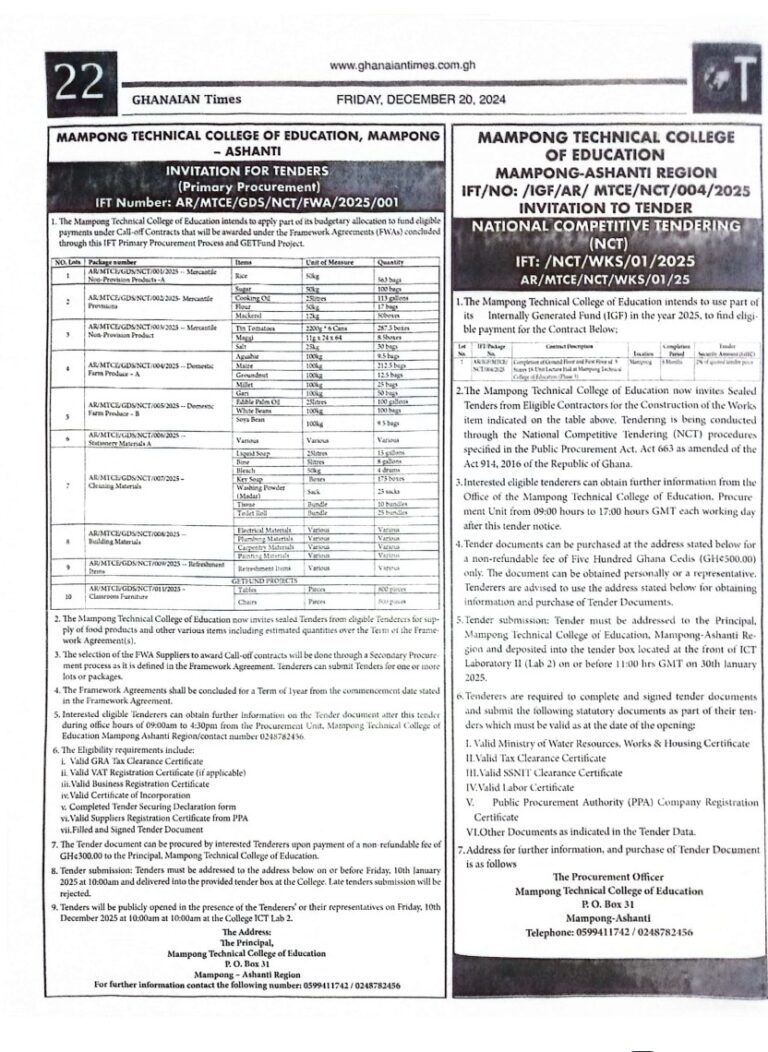 INVITATION TO SUBMIT TENDERS